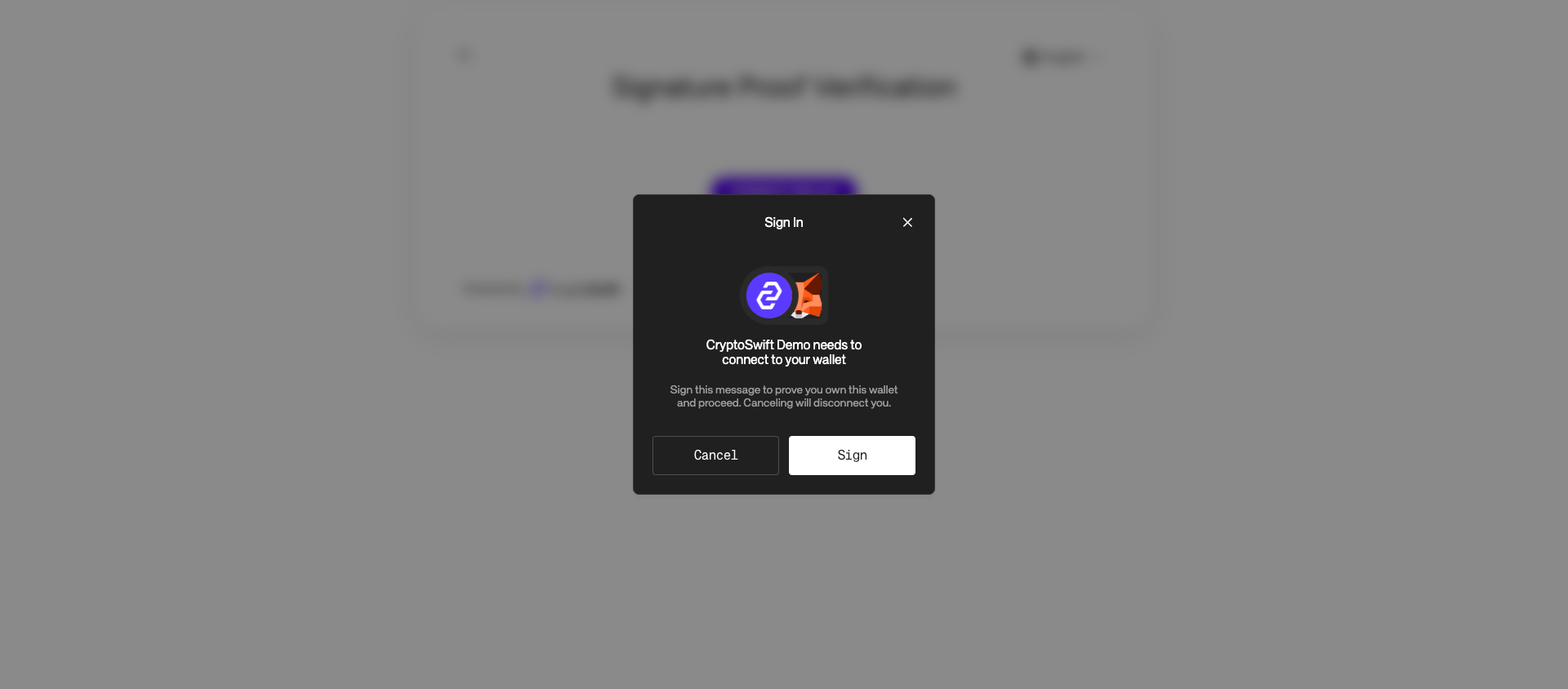 Wallet application asking the customer to sign the wallet ownership message